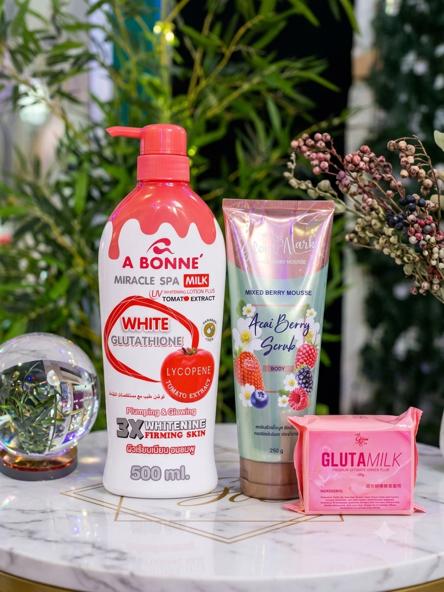 Abonne Miracle Lotion + Acai Berry Scrub + Glow On GlutaMilk Ultimate Whitening Soap