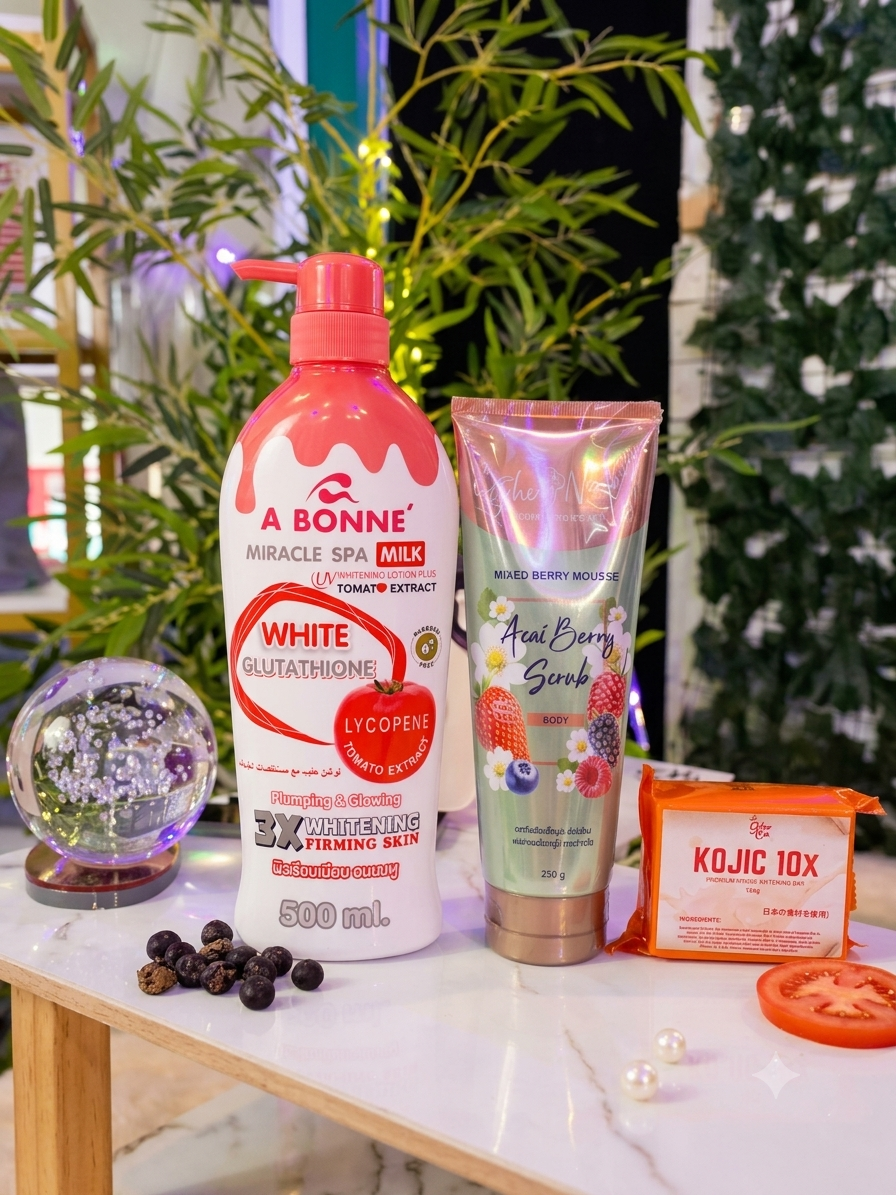 Abonne Miracle Lotion + Acai Berry Scrub + Glow On Kojic 10X Intense Whitening Soap