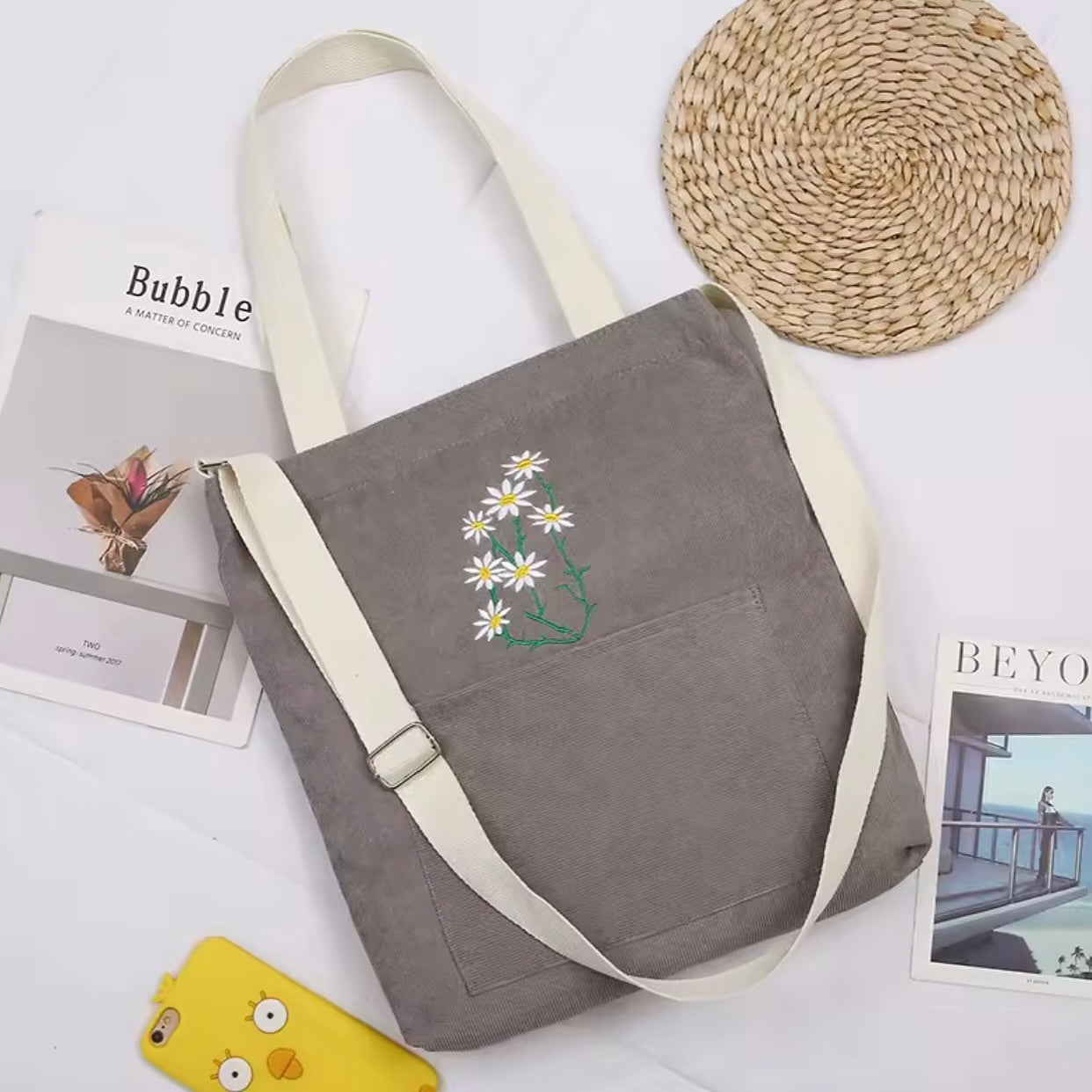 Embroidered Corduroy Bag