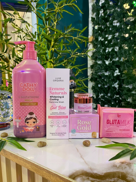 Cathy Doll Bodywash + Whitening Feminine Wash + Rose Gold Face Mask + GlutaMilk Whitening Soap