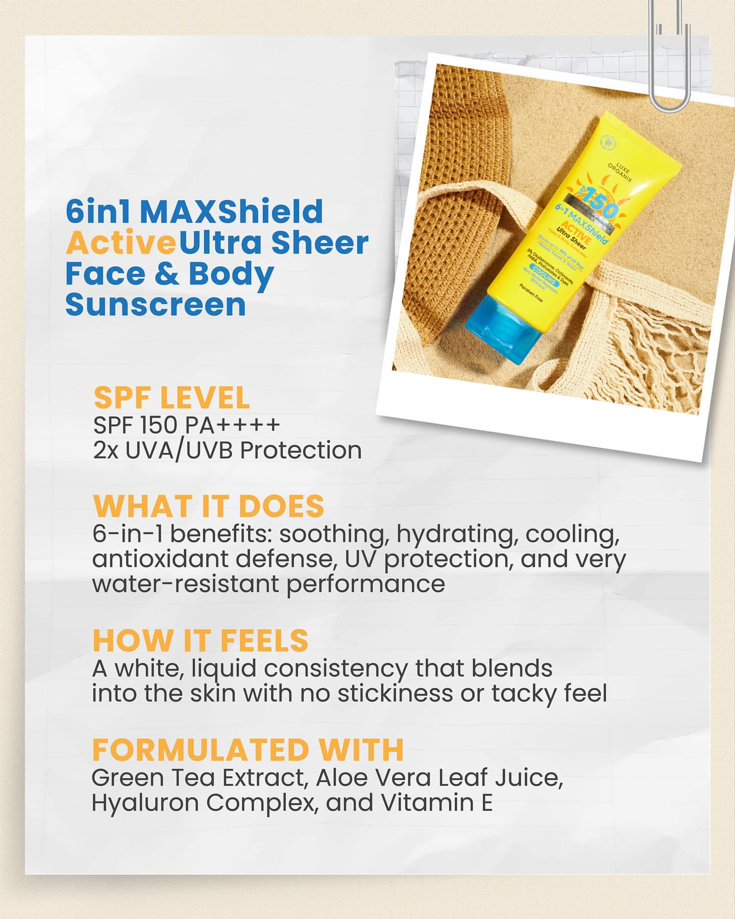 Luxe Organix 6 in 1 Maxshield Active Ultra Sheer Face & Body Sunscreen